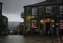 Pretty Wuthering Heights village near misty moor is like stepping back in time